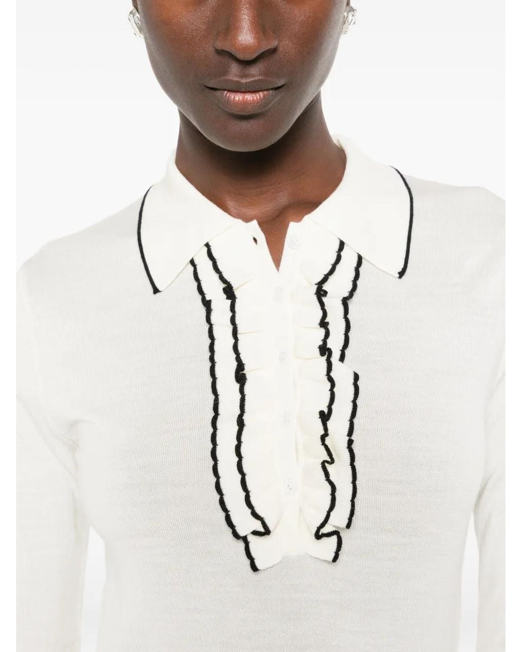 Forte_forte White Pull À Col Polo Et Bordure Volantée