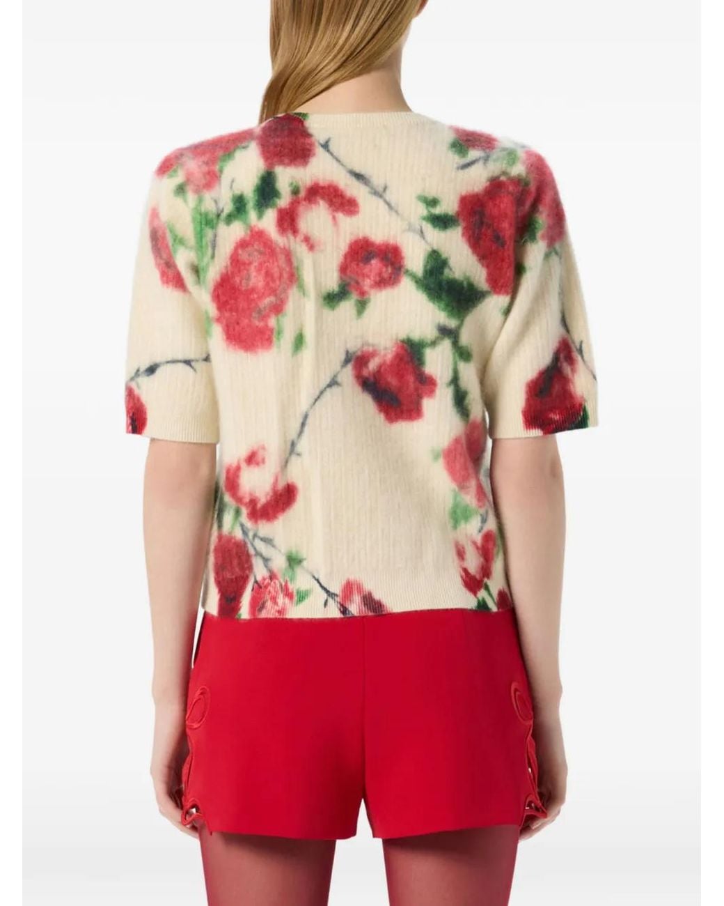 Blumarine Pink Floral-Print Rib-Knit Sweater