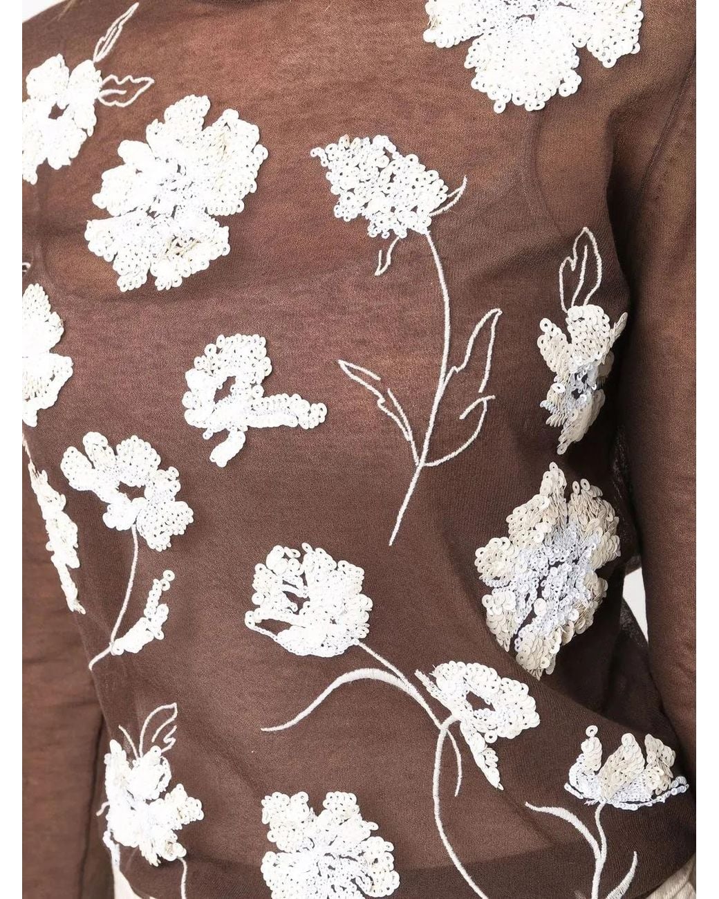 Tory Burch Brown Floral-Embroidered Knitted Top