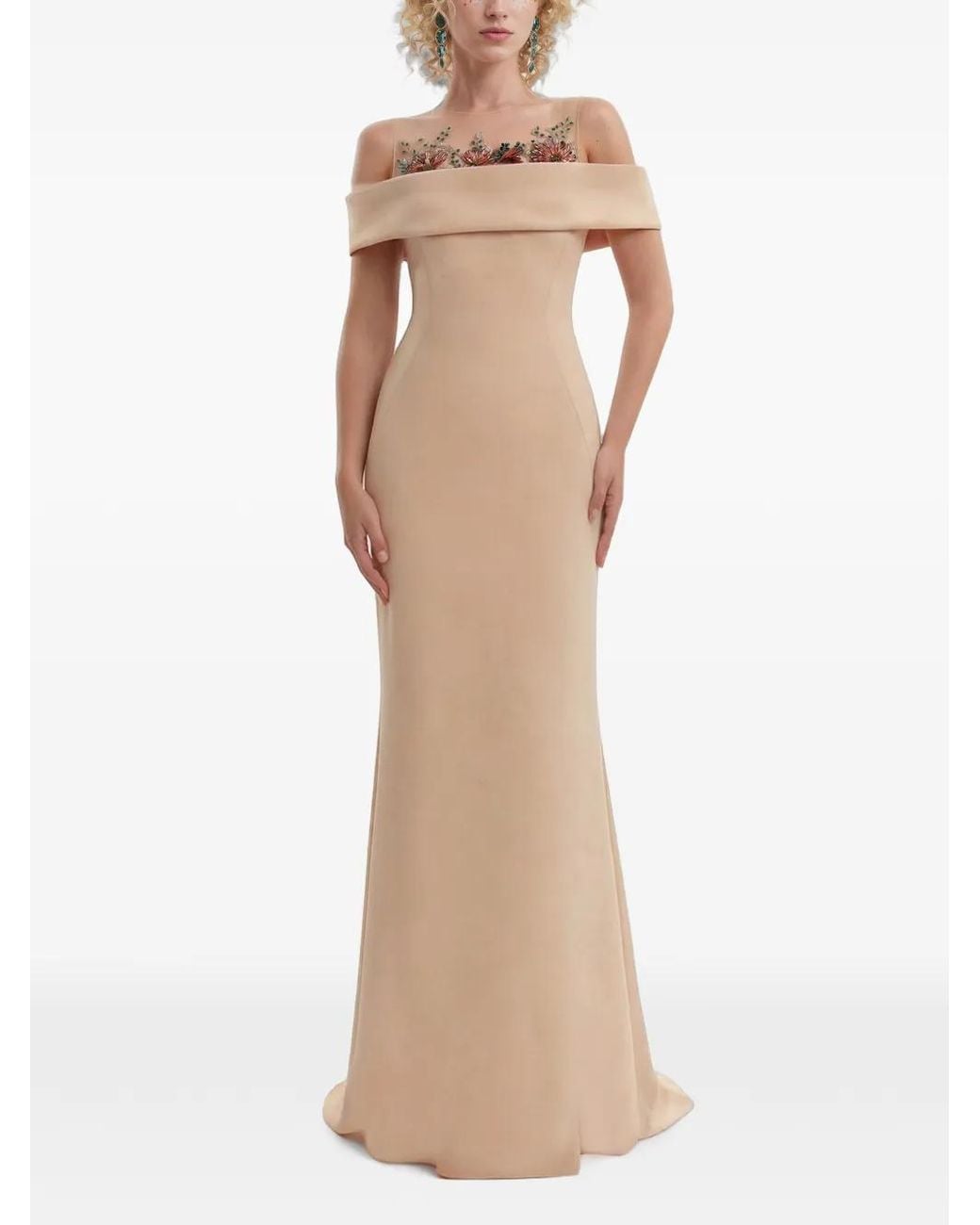 Gemy Maalouf Natural Floral-Beaded Off-Shoulder Dress