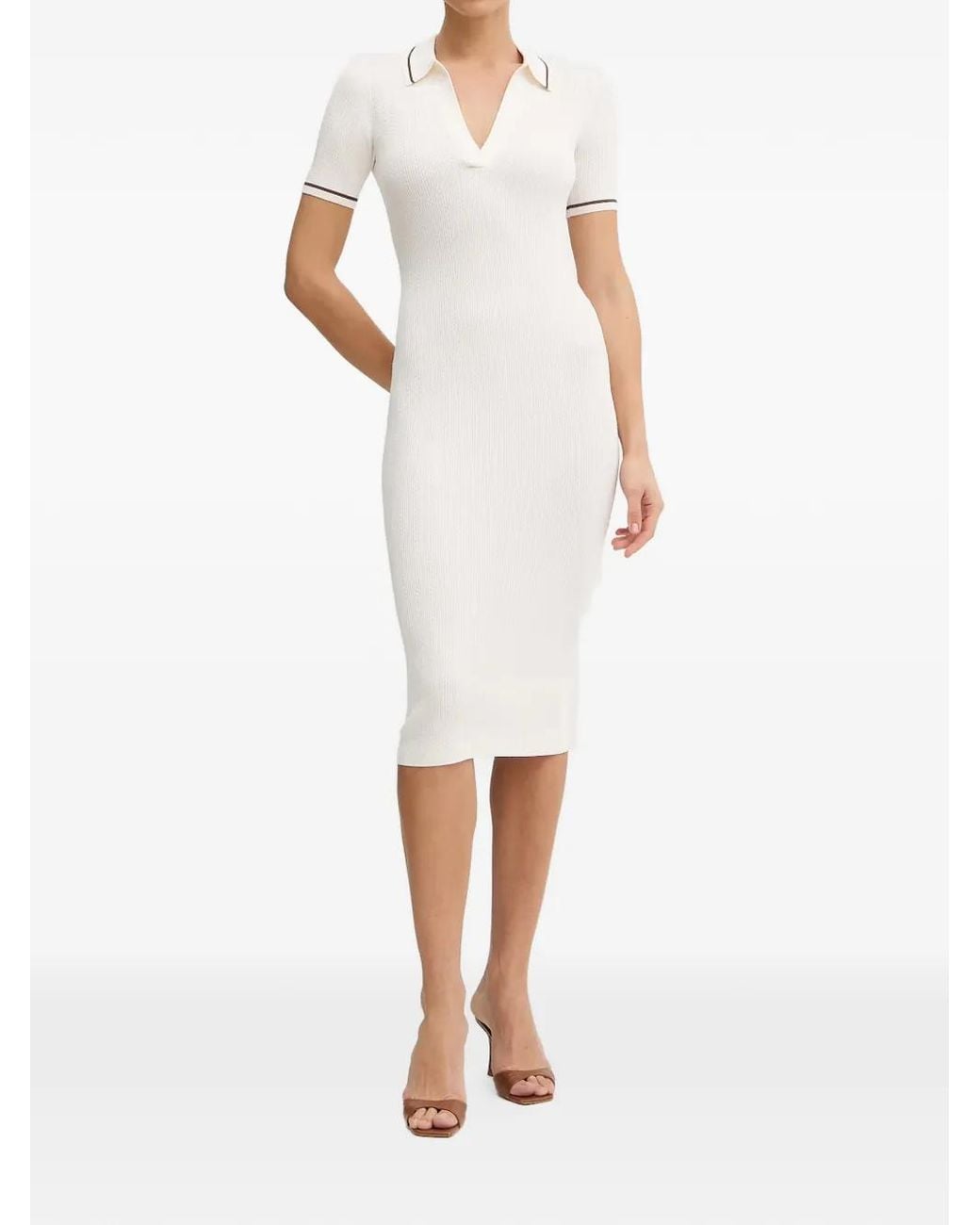 ARMANI EXCHANGE White Cable-Knit Polo-Collar Midi Dress