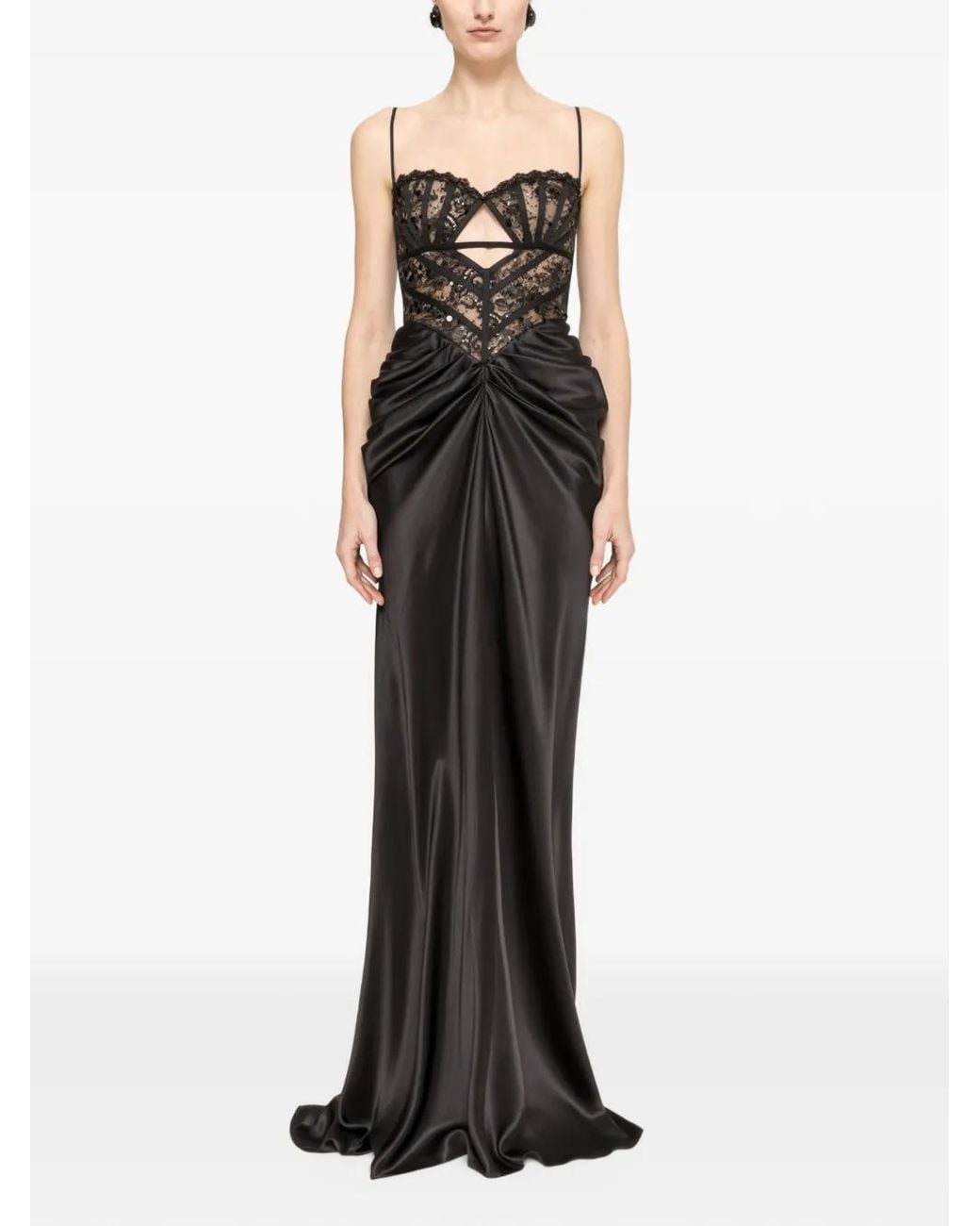 Nissa Black Lace-Panel Silk Maxi Dress