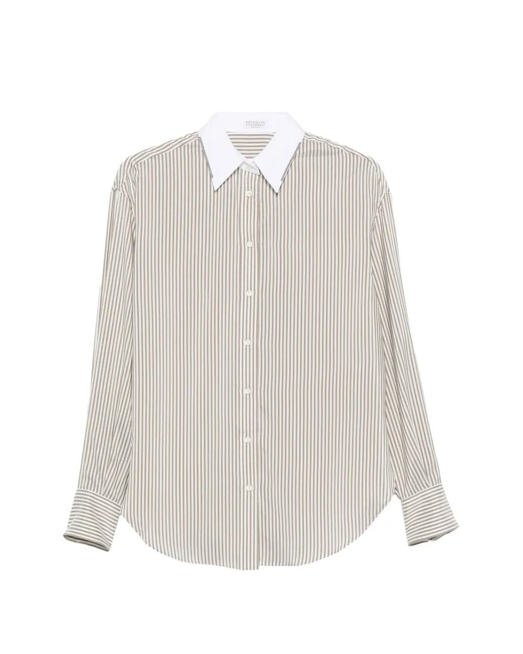 Brunello Cucinelli White Striped Silk Poplin Shirt With Monili