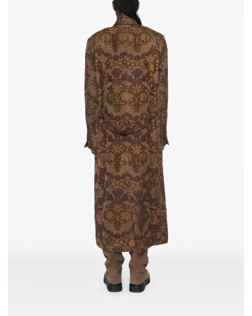 Uma Wang Brown Floral-Jacquard Double-Breasted Coat