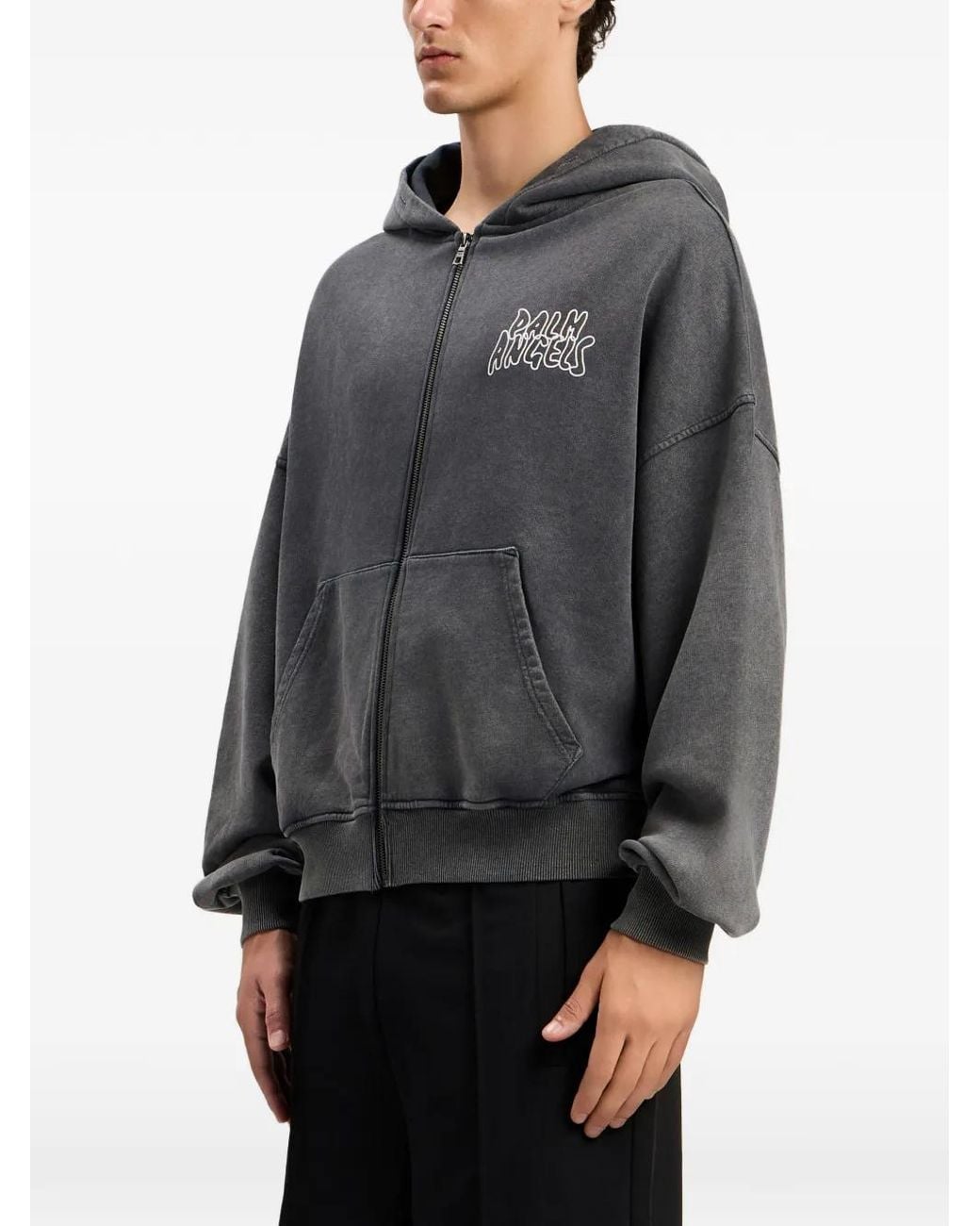Palm Angels Gray Palm Leaf Loose Zip Hoodie for men