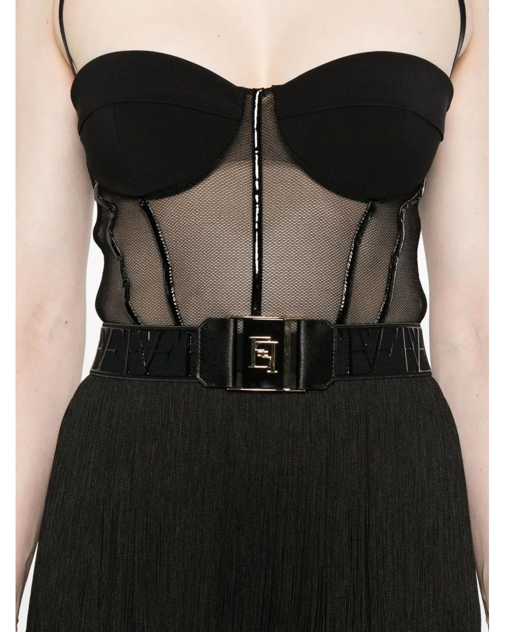 Elisabetta Franchi Black Tulle Mesh-Panel Fringed Dress