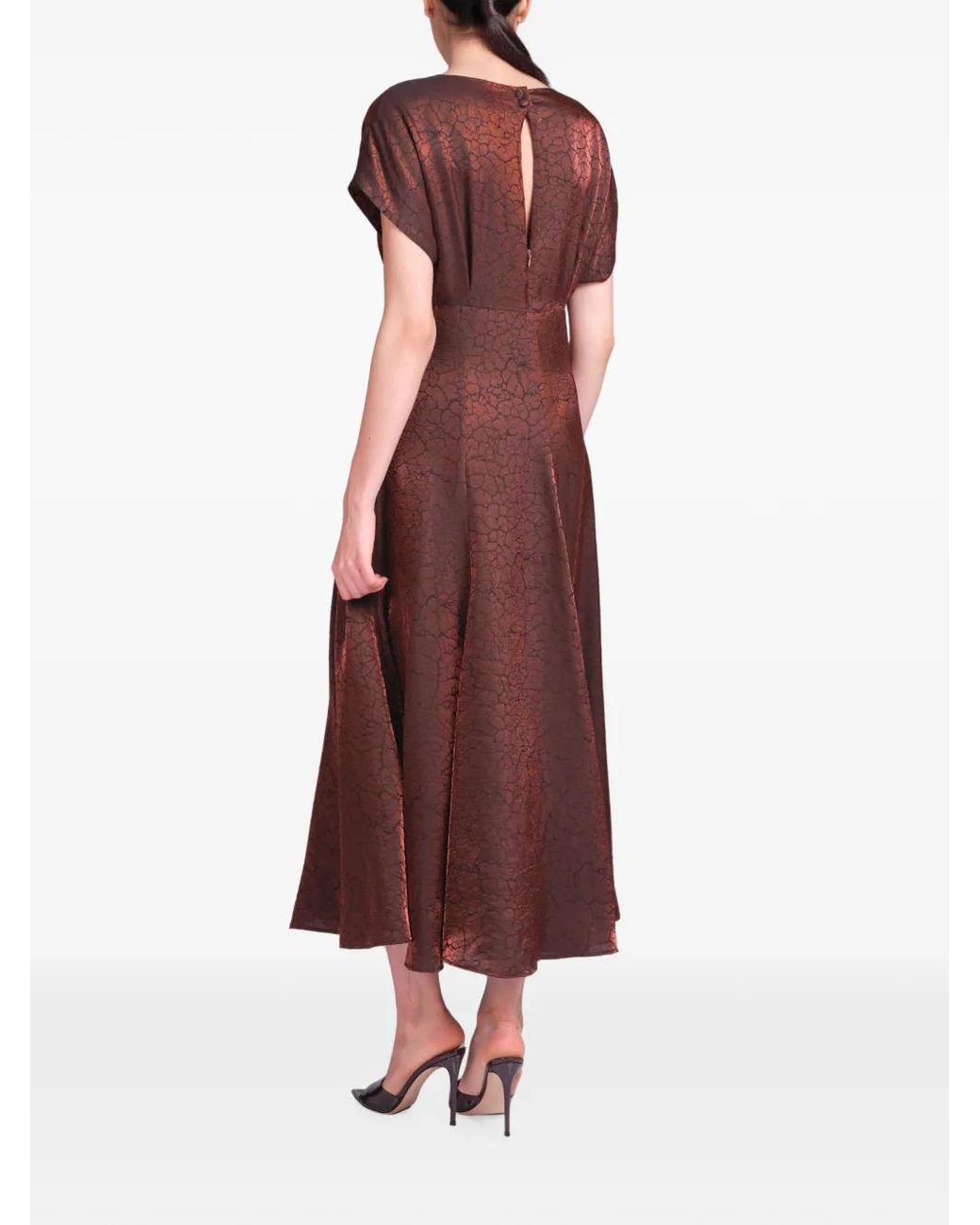 Baruni Brown Midi Ruba Metallic-Effect Flared Dress