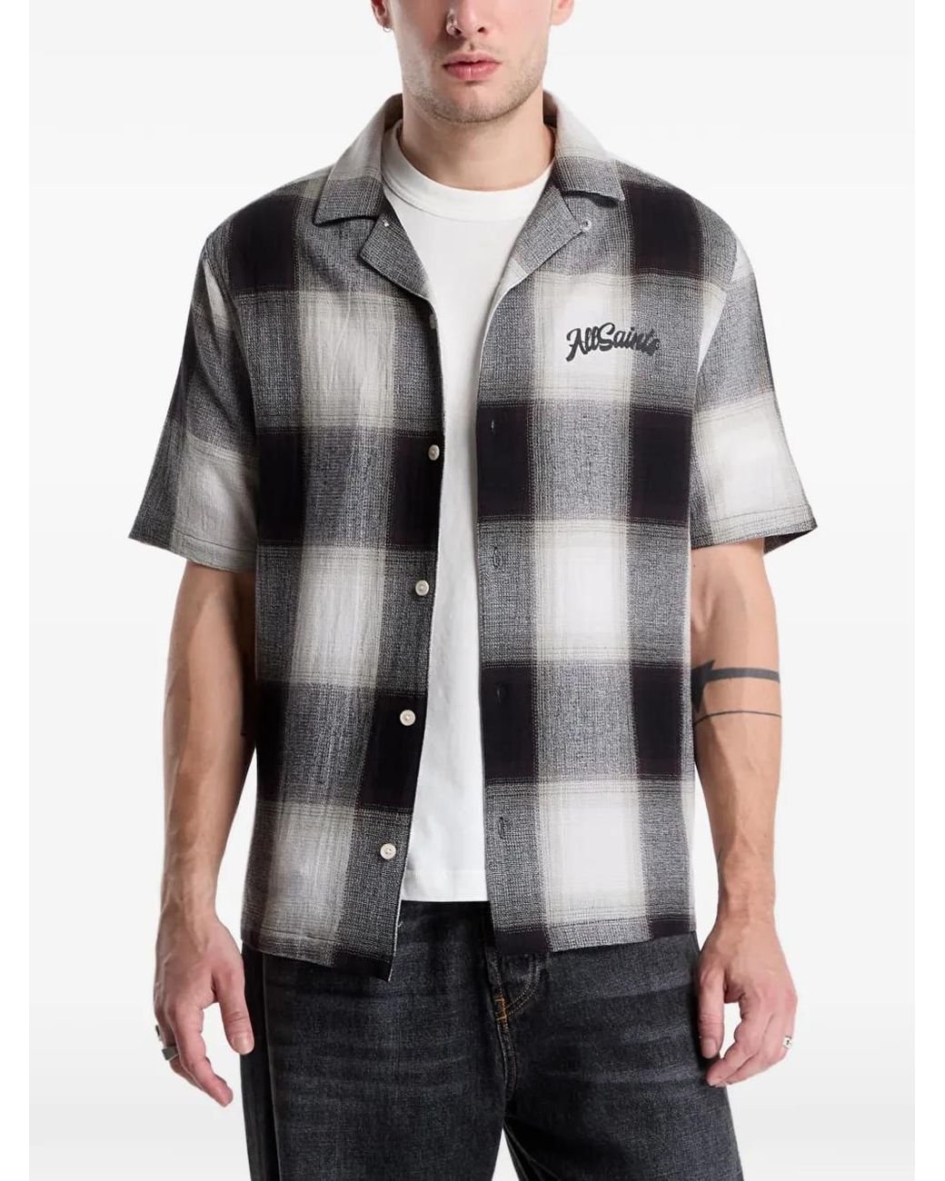 AllSaints Gray Check Short-Sleeve Shirt for men