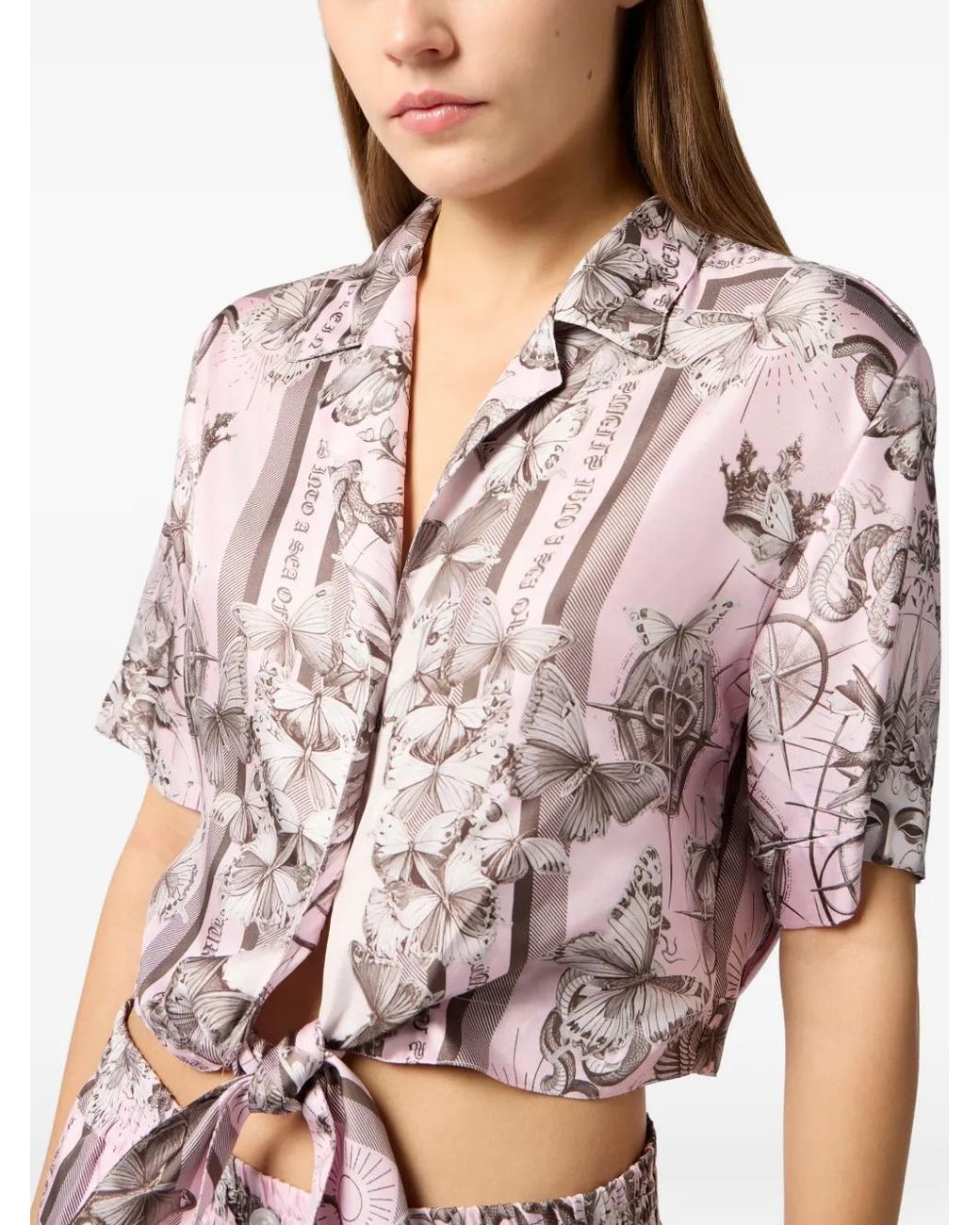 Philipp Plein White Cropped Butterfly-Print Shirt