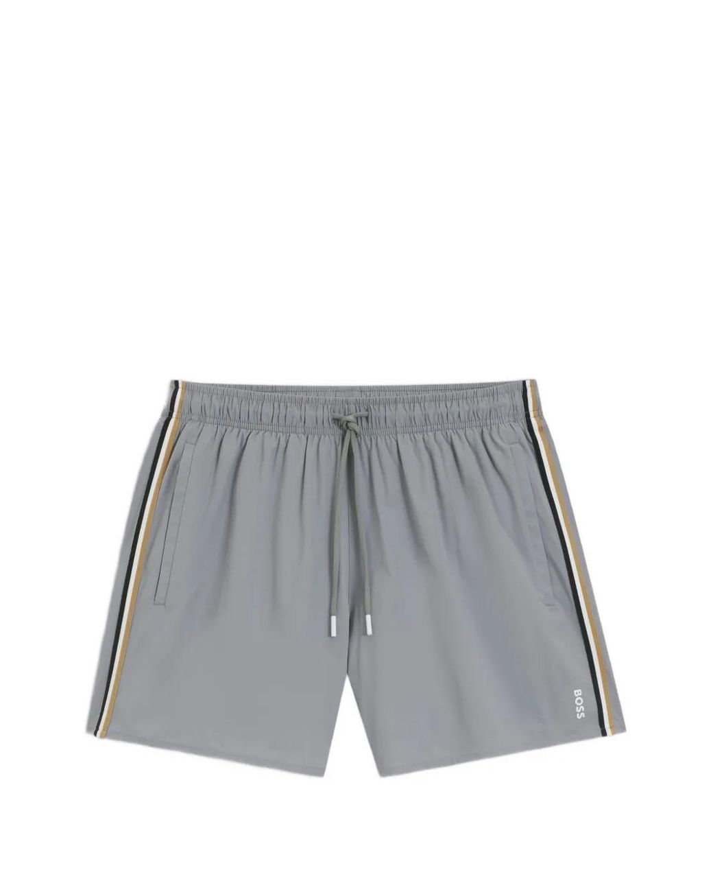 HUGO Gray Swim Shorts With Signature Stripe And Logo for men