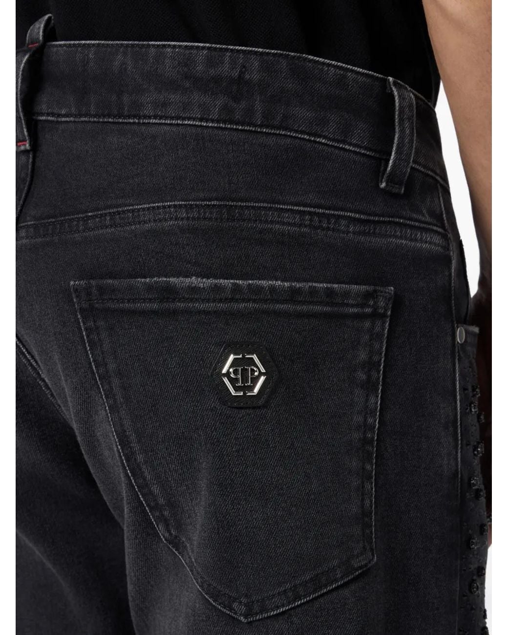 Philipp Plein Black Strass-Stripe Straight-Cut Jeans for men