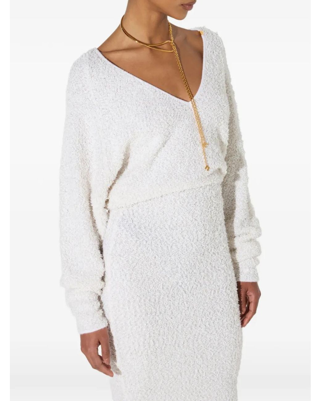 Elisabetta Franchi White Raglan-Sleeve V-Neck Dress
