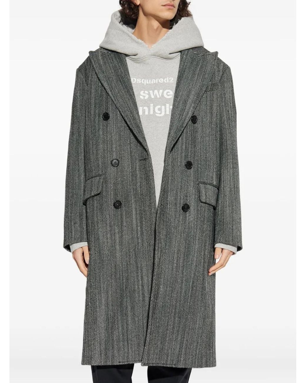 DSquared² Gray Herringbone Double Breast Coat for men