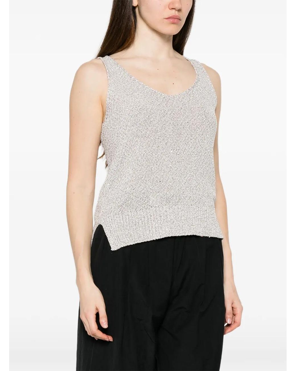Panicale White Ribbed-Trim V-Neck Top