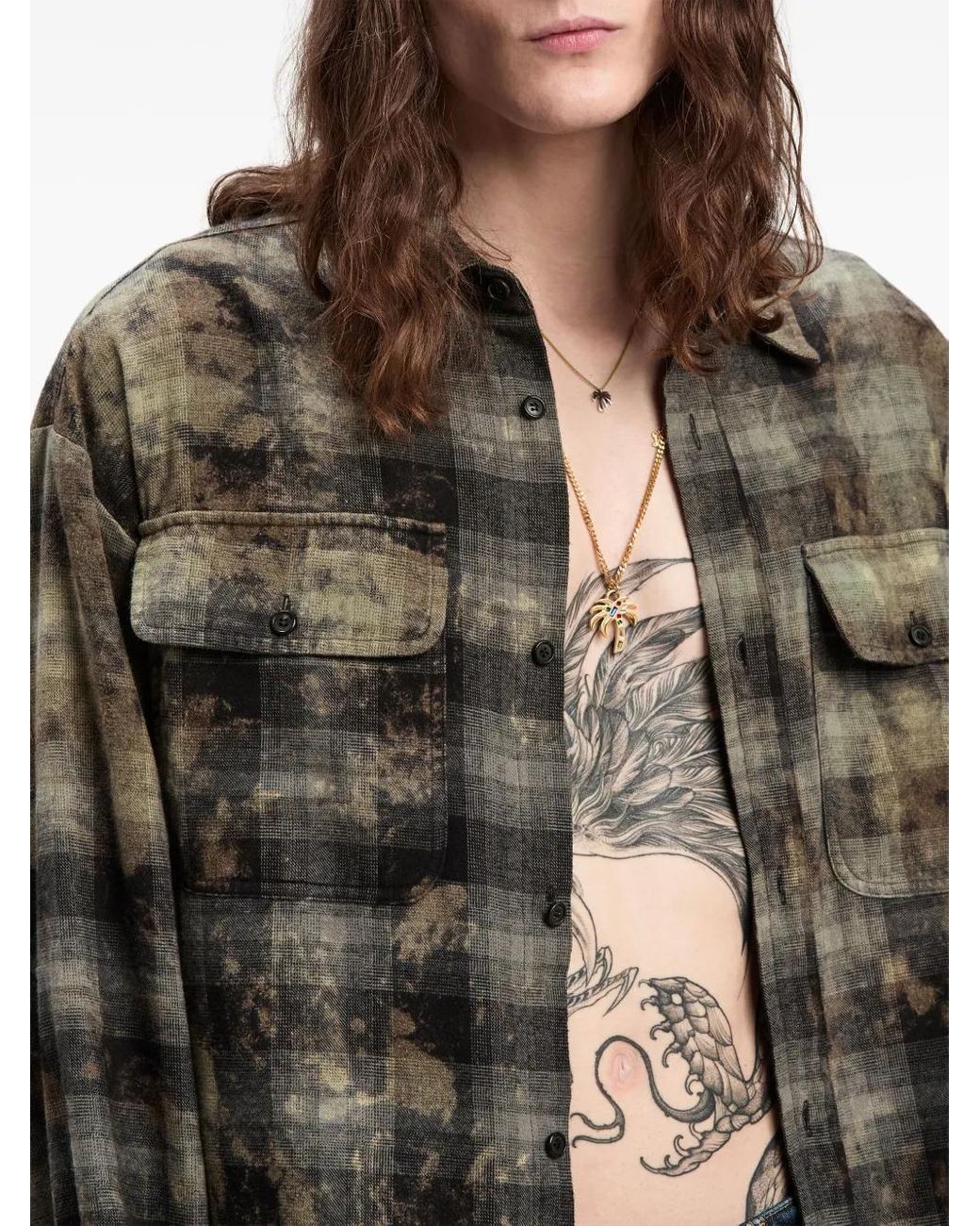 Palm Angels Green Logo-Print Check-Pattern Shirt for men