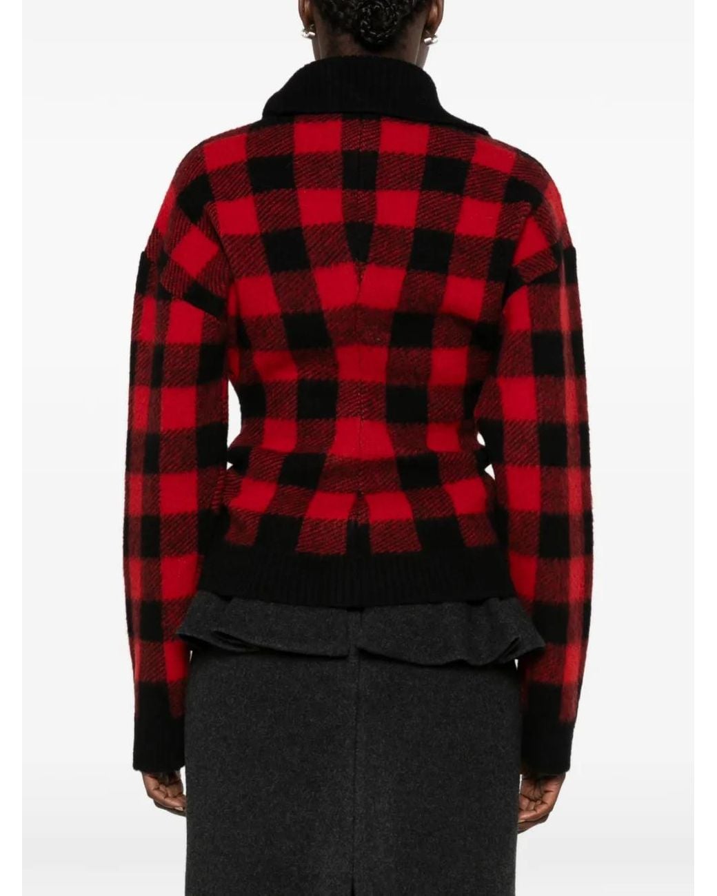N°21 Red Check-Pattern Virgin-Wool Cardigan