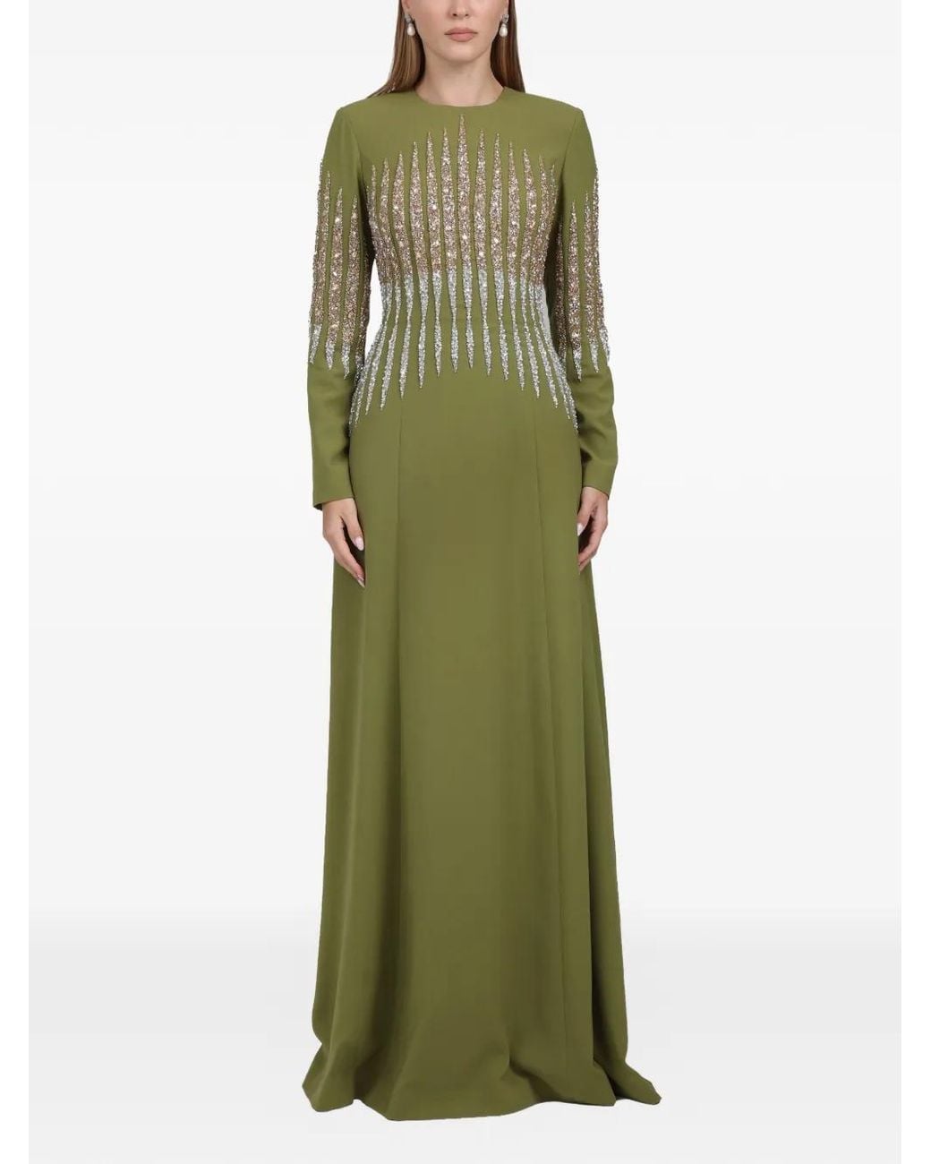 Dina Melwani Green Crystal-Embellished Maxi Dress