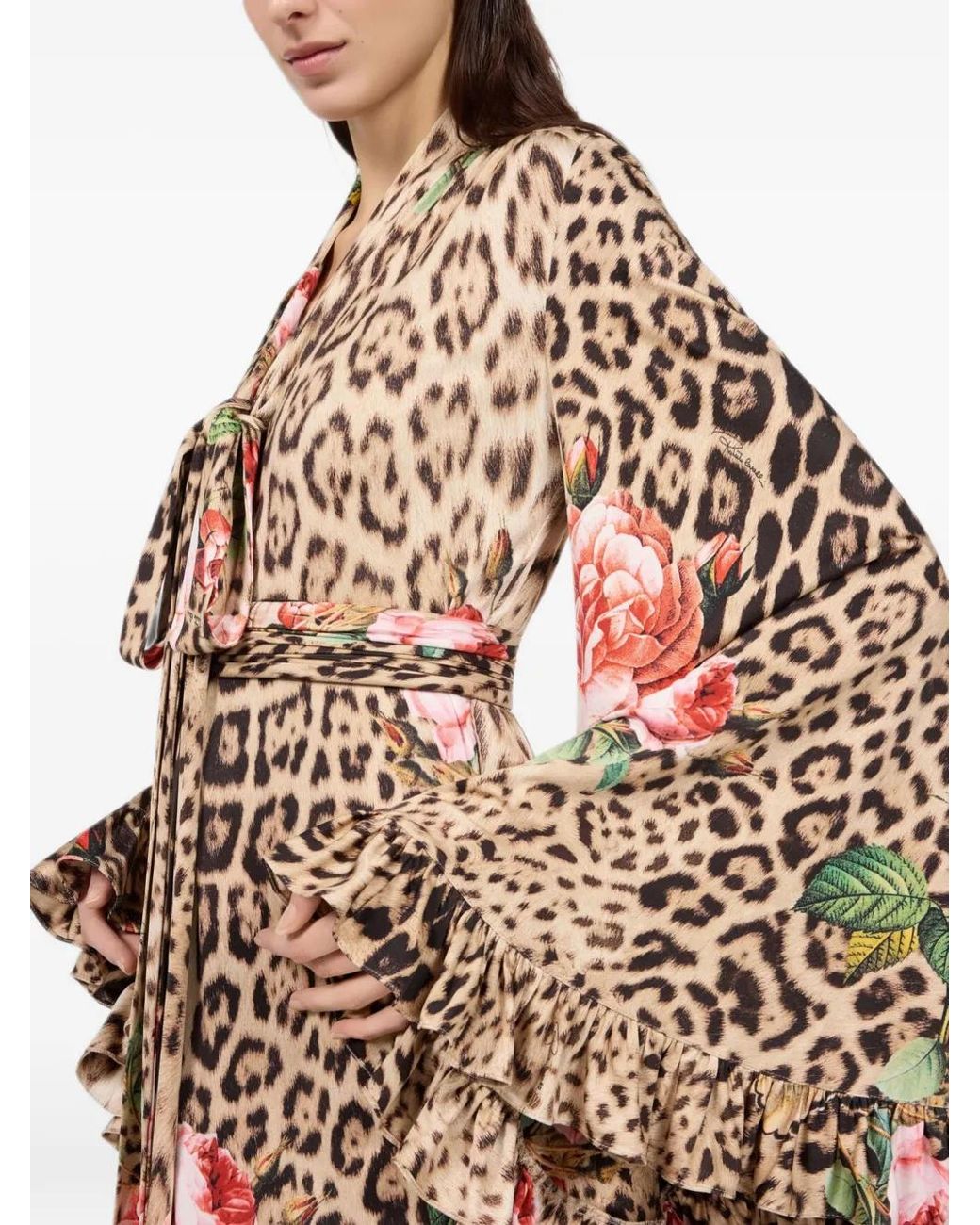 Roberto Cavalli White Leopard-Print Floral-Print Maxi Dress