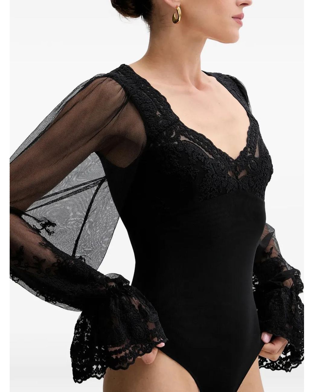 Bardot Black Laced Long-Sleeve Bodysuit