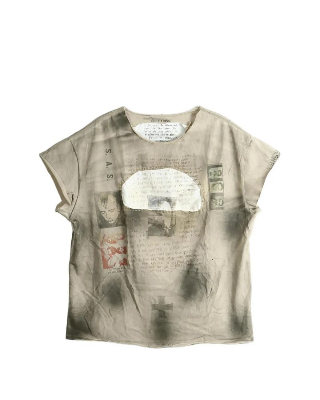 SAITOS Gray Patch-Detail Distressed T-Shirt
