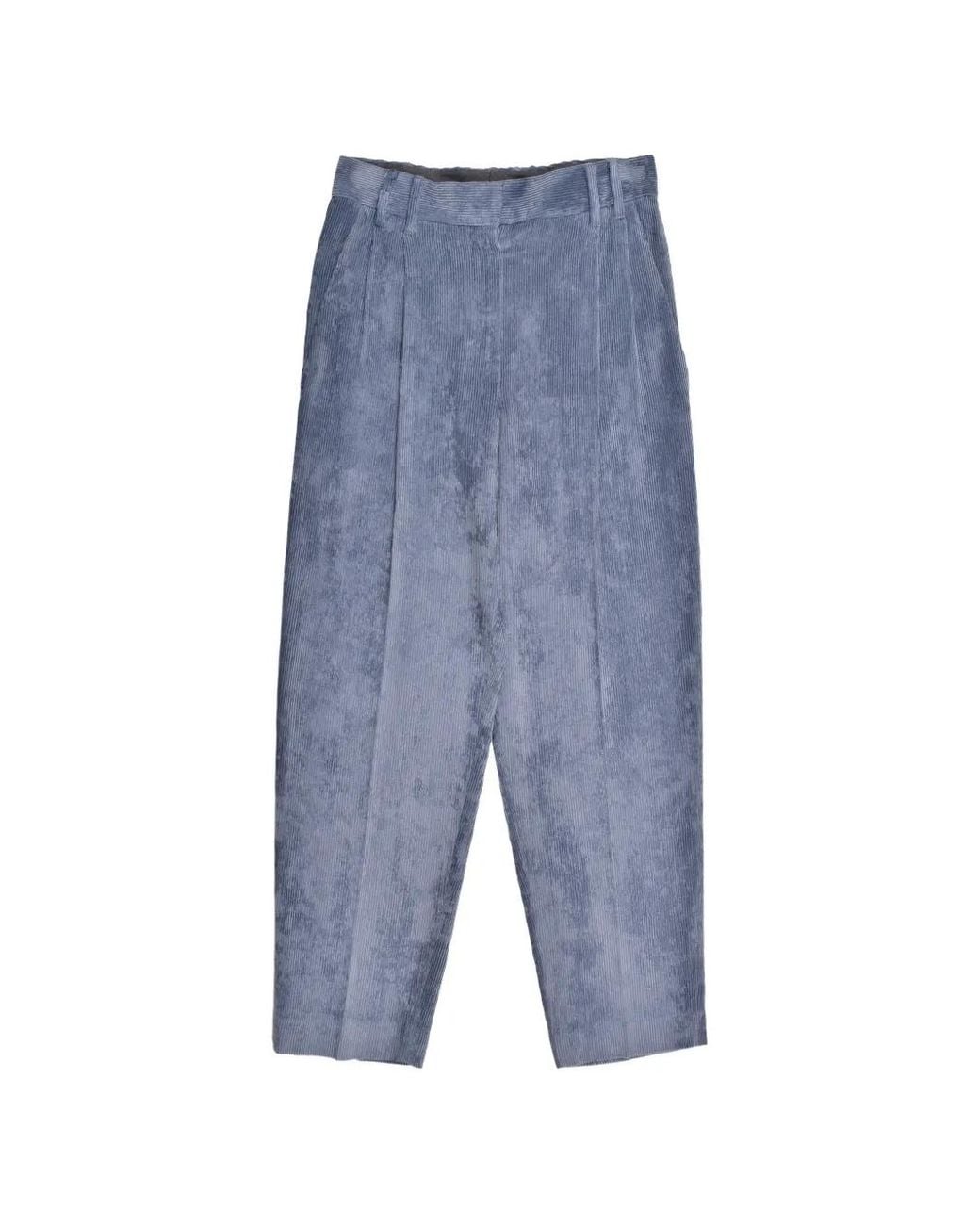 Brunello Cucinelli Blue Pleated Corduroy Cropped Trousers