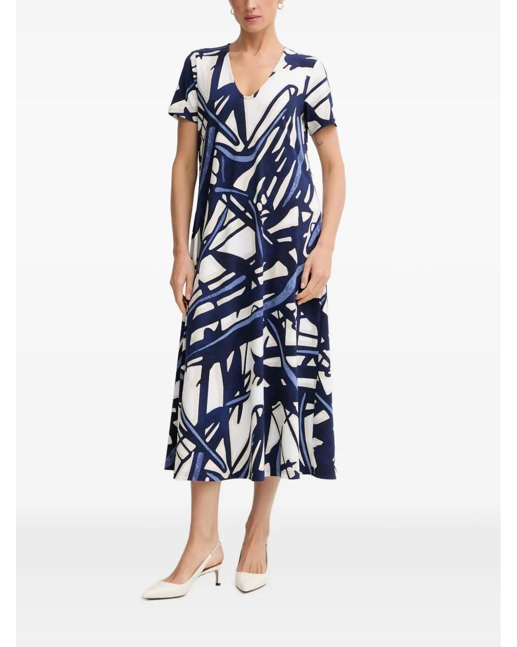 Joseph Ribkoff Blue Abstract-Print V-Neck Midi Dress