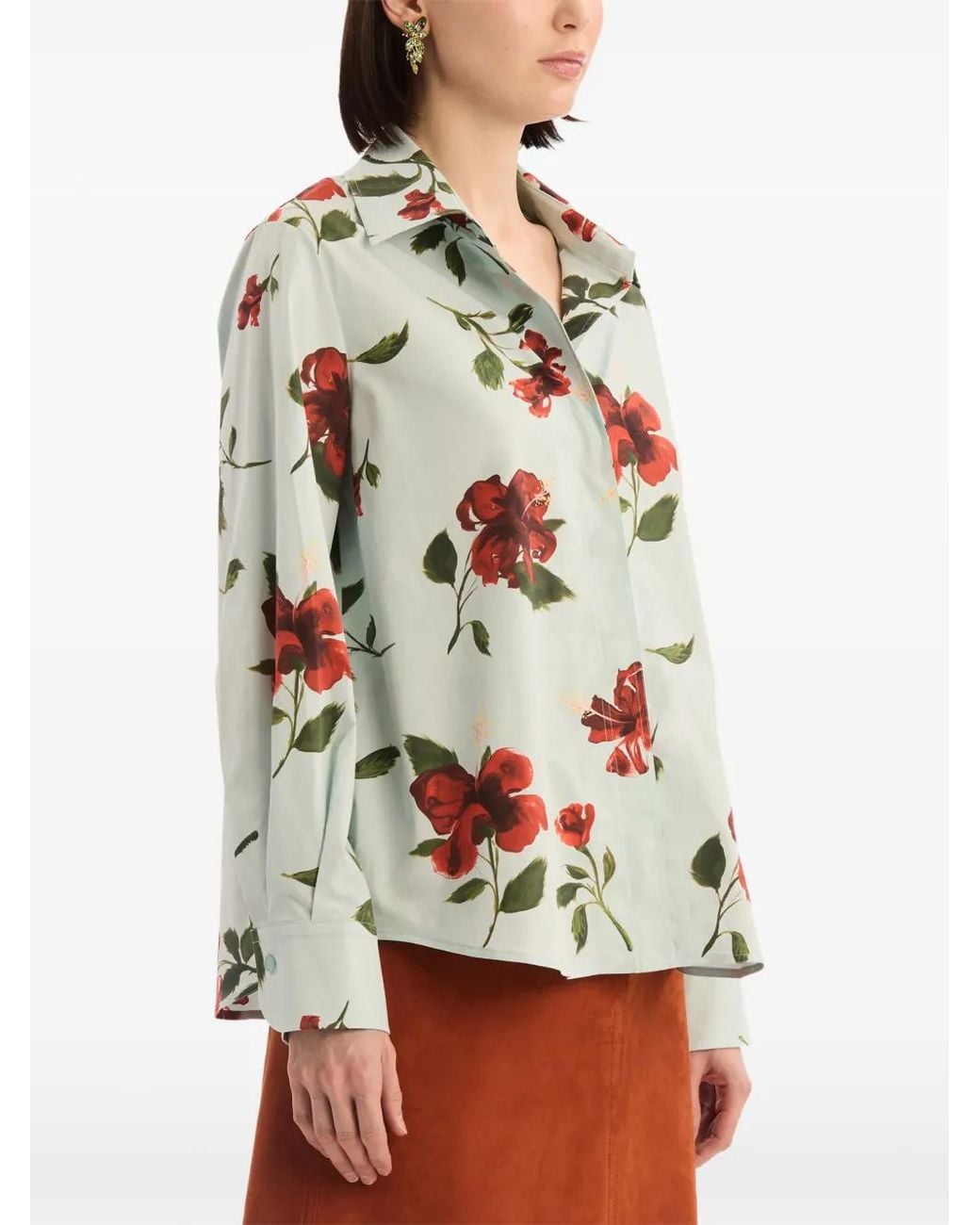 Oscar de la Renta White Hibiscus Cotton Poplin Blouse