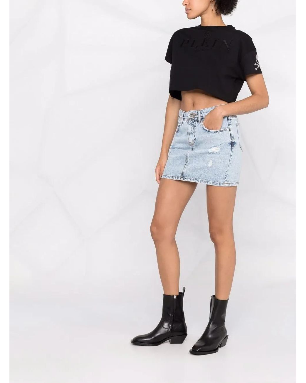 Philipp Plein Blue Stud-Detailing Distressed Mini Denim Skirt