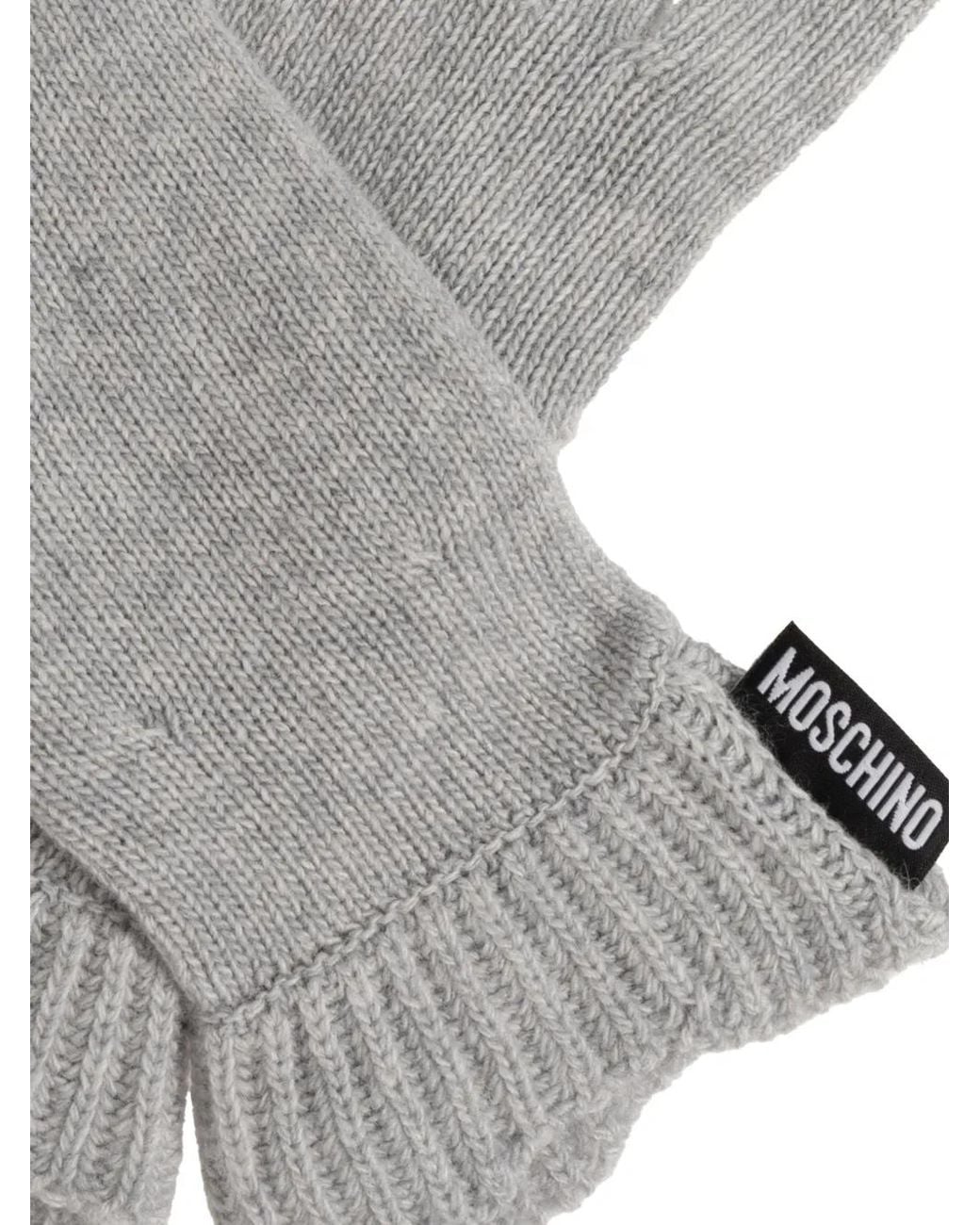 Moschino Gray Logo-Patch Ribbed-Cuff Gloves