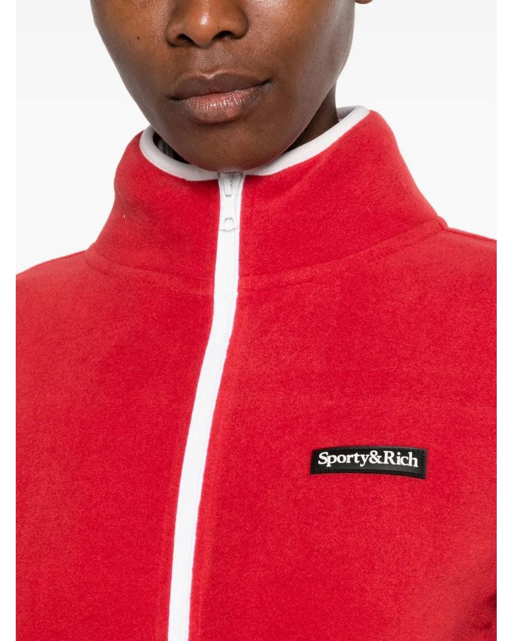 Sporty & Rich Red Ezia Logo-Patch Zip-Up Cardigan