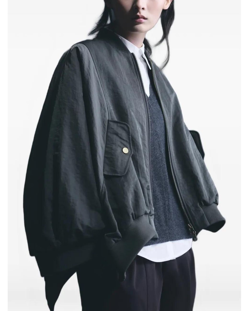 Psophia Blue Mandarin-Collar Bomber Jacket