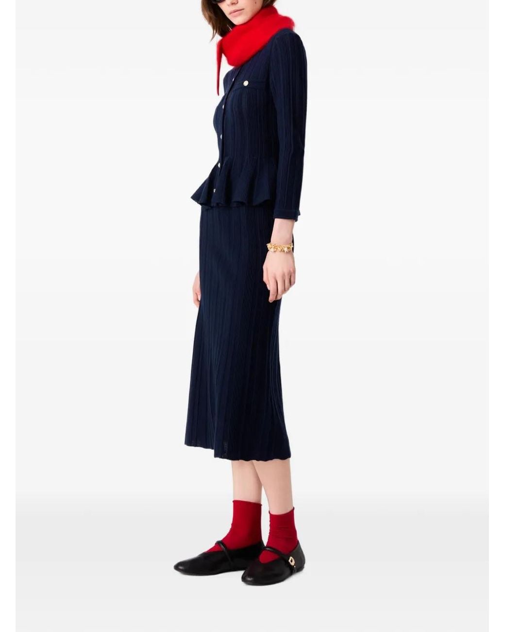 Maje Blue Knit Dress With Peplum Waist