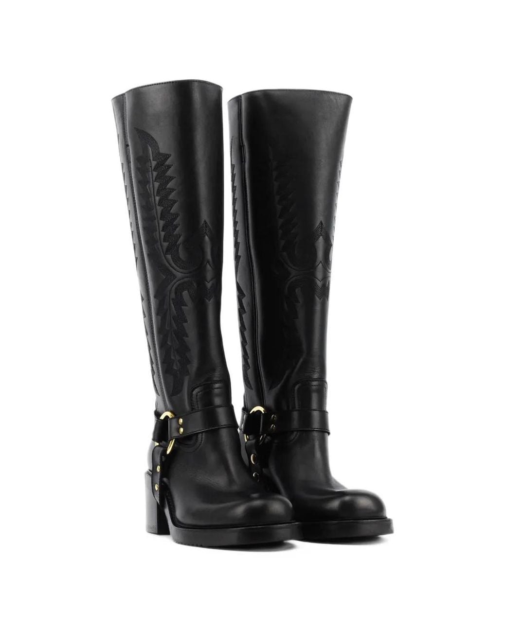 Elena Iachi Black Embroidered Harness-Detail Knee-Length Boots