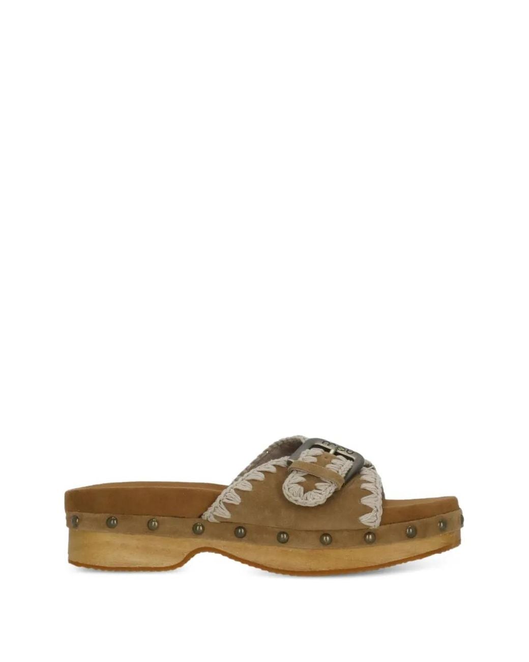 Mou Brown Stud-Embellished Crochet-Trim Sandals