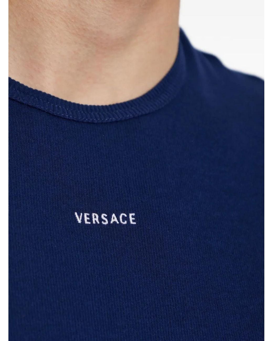 Versace Blue Embroidered-Logo Ribbed Cotton-Jersey T-Shirt for men