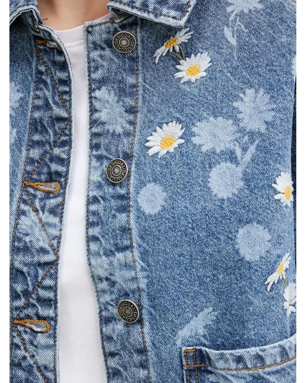Desigual Blue Floral-Embroidered Denim Jacket