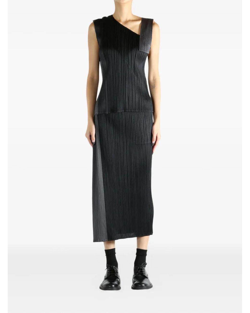 Pleats Please Issey Miyake Pointe Pleated Asymmetric Top in Black