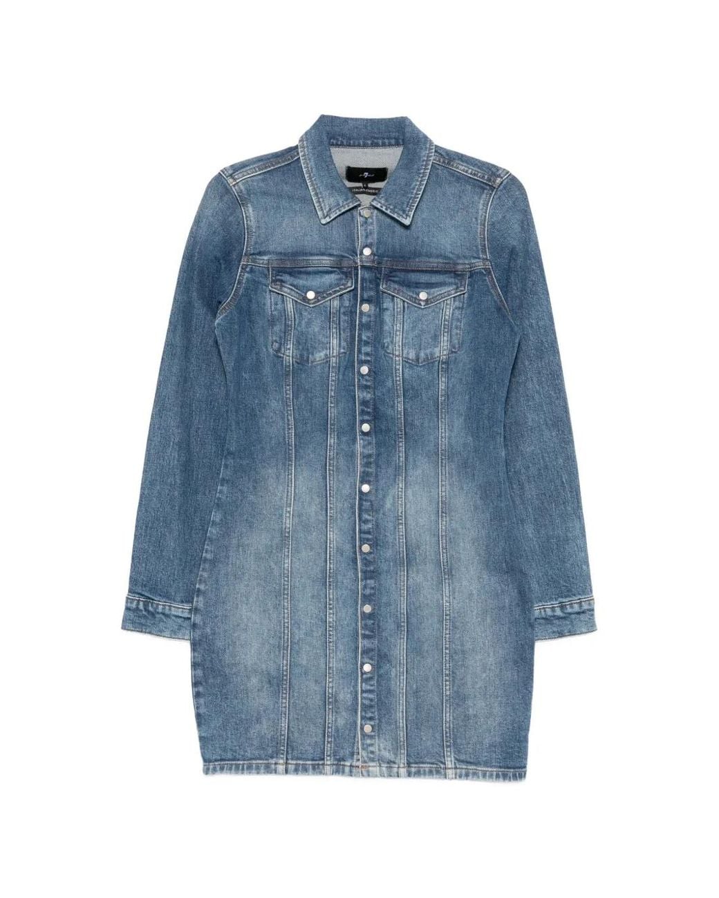 7 For All Mankind Blue Long-Sleeve Button-Up Mini Dress
