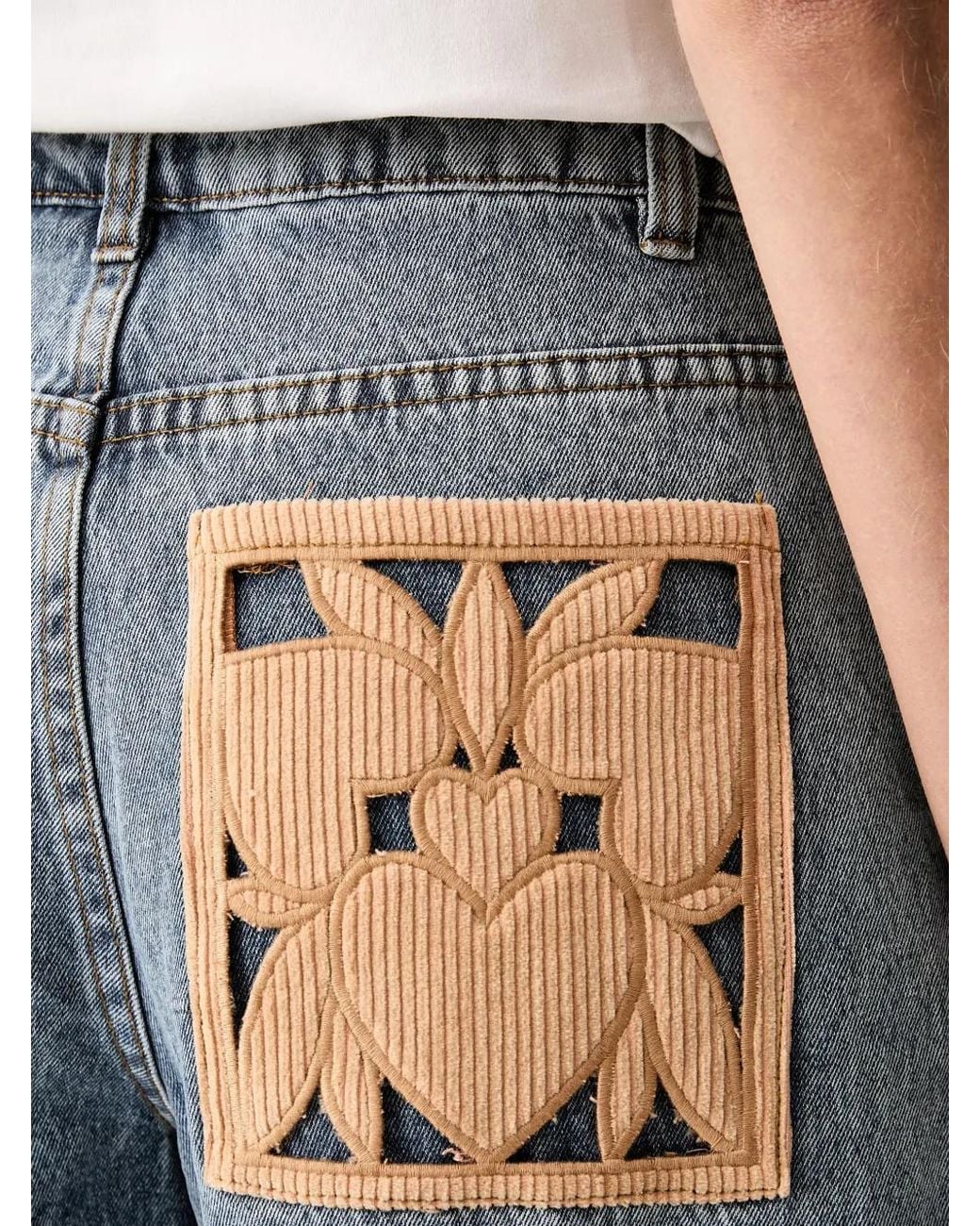 Farm Rio Blue Heart-Motif Corduroy-Patch Jeans