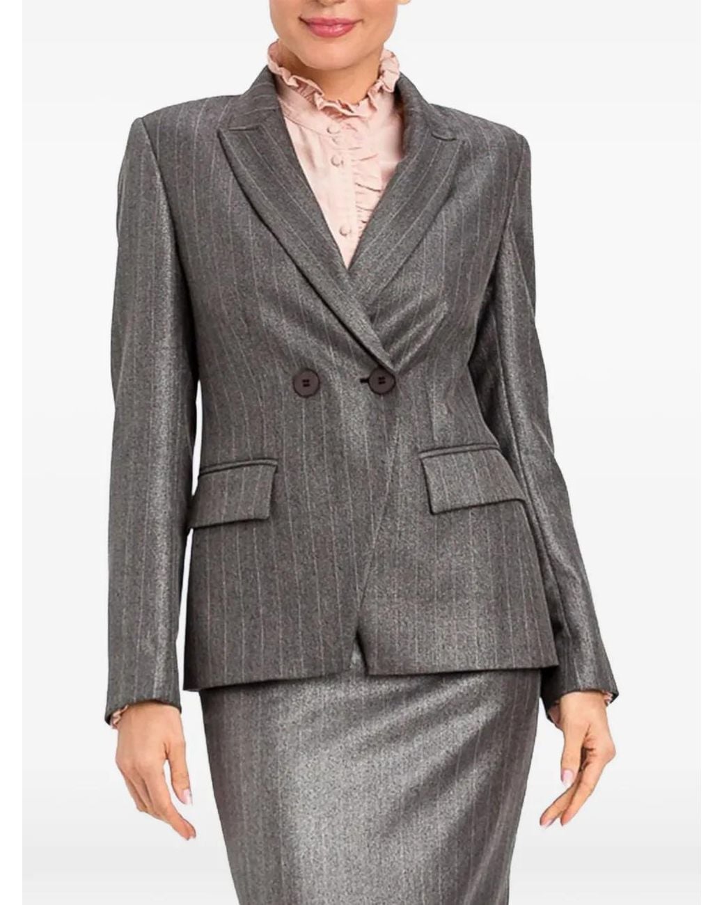Twinset Gray Double-Breasted Pinstriped Blazer