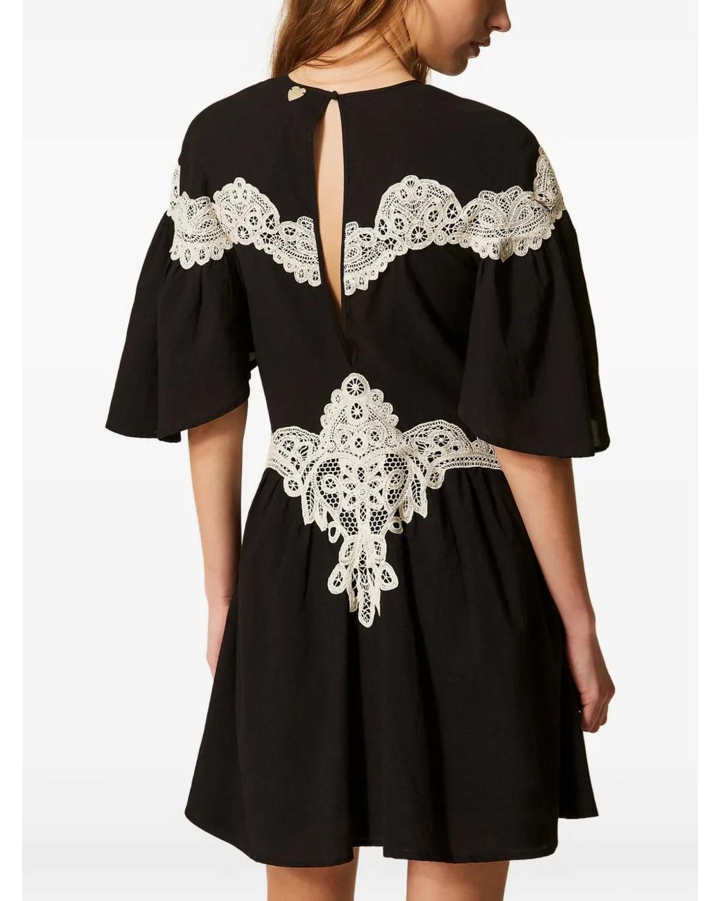 Twinset Black Short Muslin Dress With Macramé
