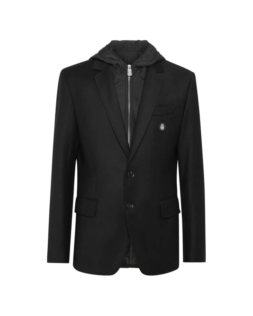 Billionaire Black Travel Hooded Button-Fastening Blazer for men
