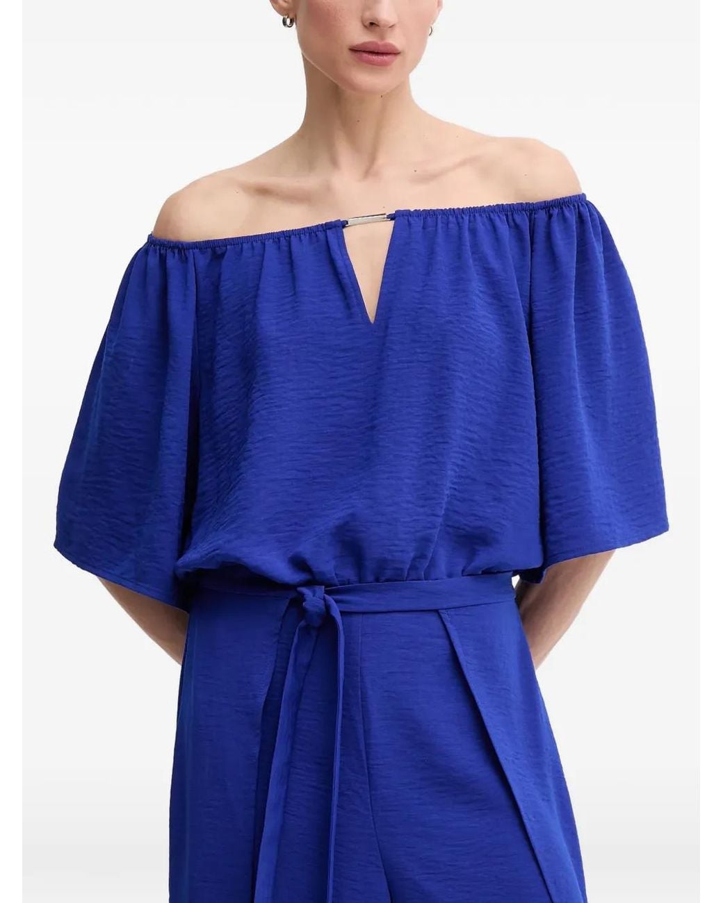 Joseph Ribkoff Blue Off-Shoulder Tie Jumpsuit