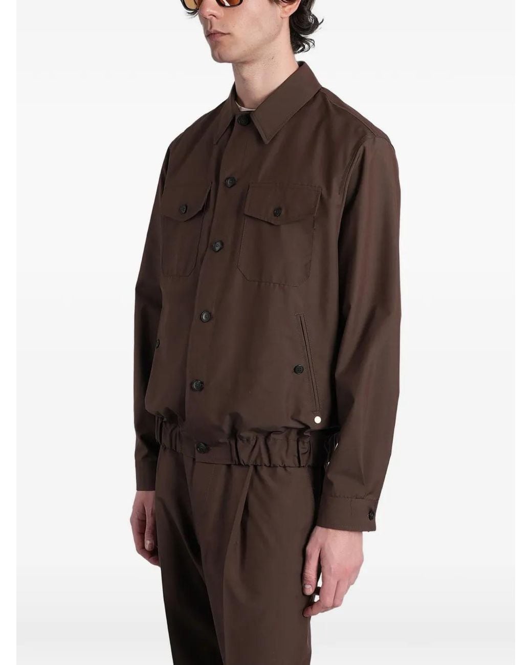 Grayed Brown Elasticated-Hem Button-Up Jacket for men
