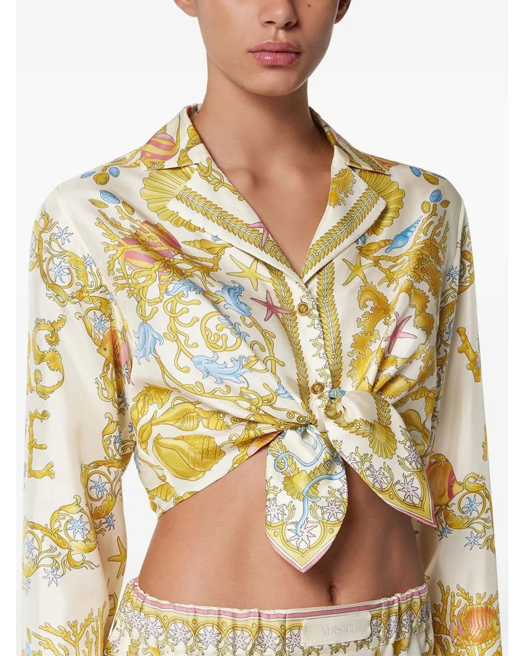 Versace Metallic Underwater Barocco Knotted Crop Silk Shirt