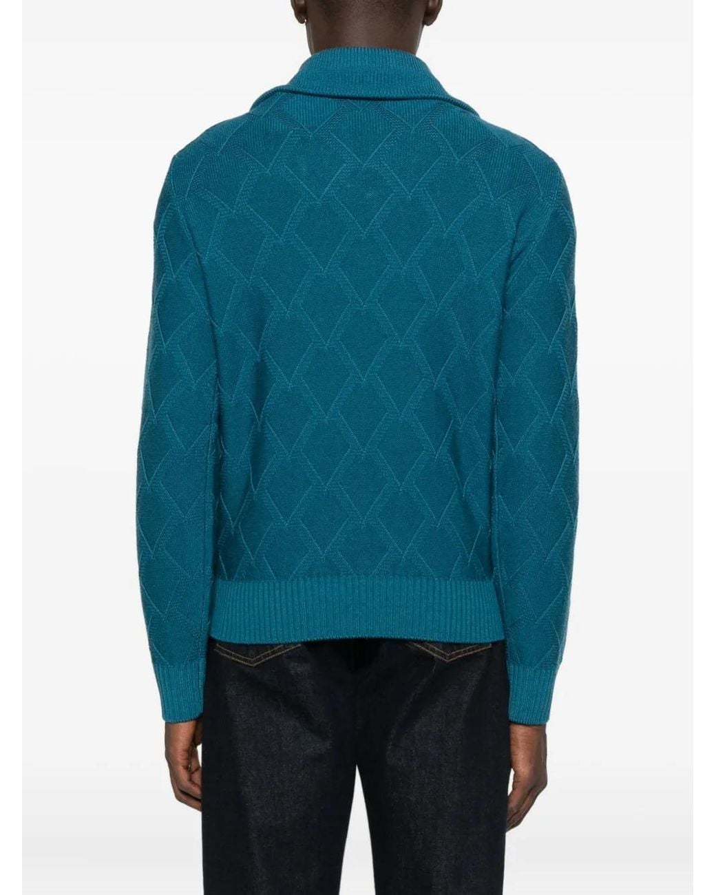Canali Blue Diamond-Pattern Zip-Neck Sweater for men