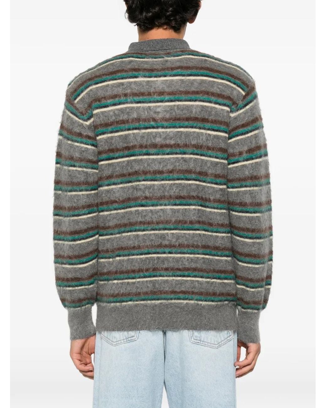 Ssstein Green Striped Polo-Collar Sweater for men