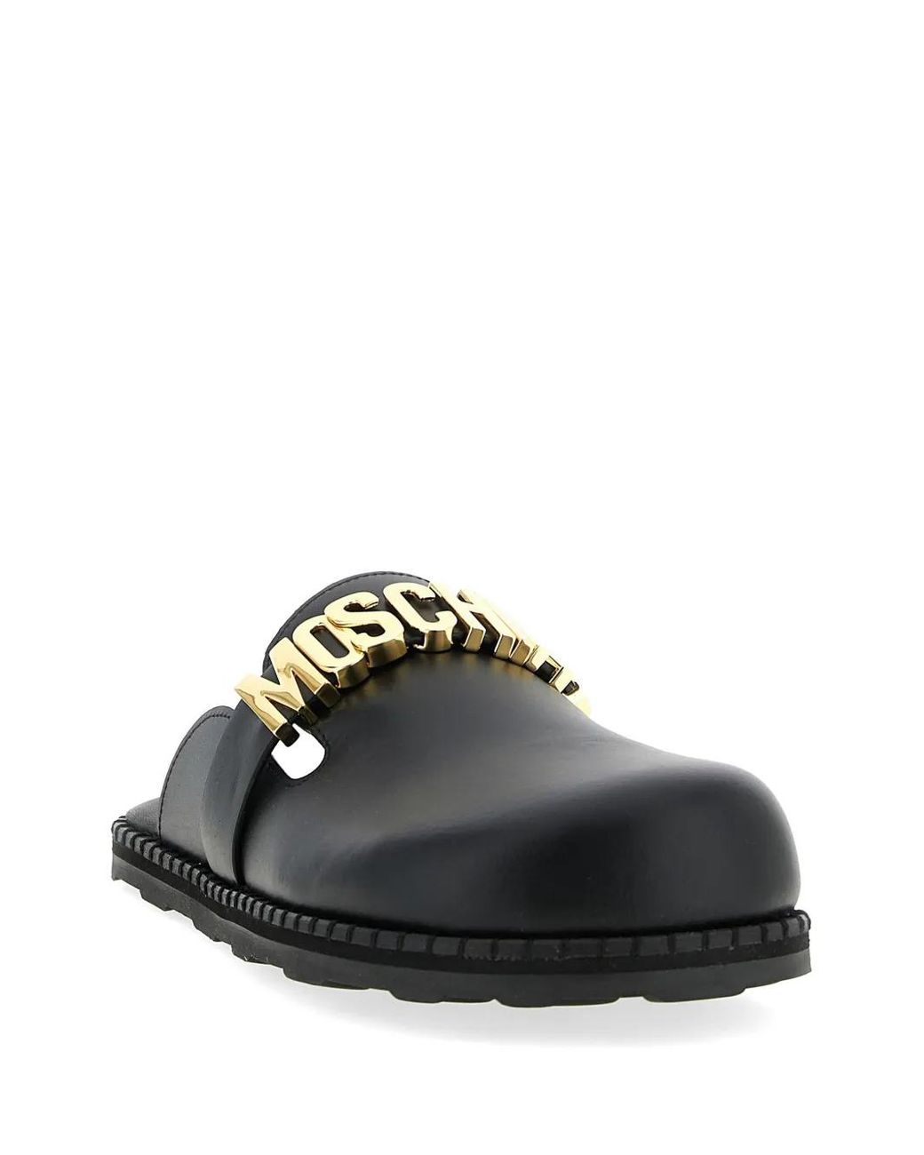 Mules Lettering Moschino Metal-Lettering Leather Mules in Black | Lyst