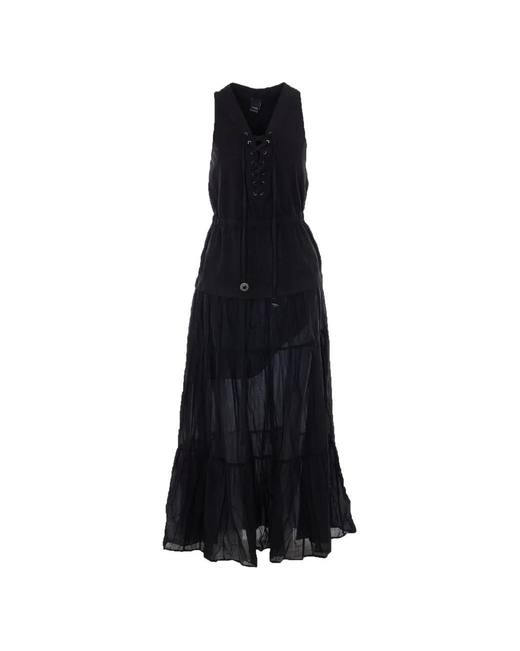 Pinko Black Long Cotton Dress With Flounce And Ribbons