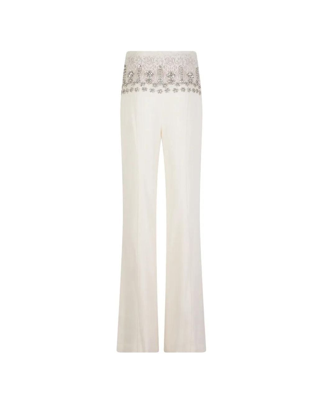 Costarellos White Crystal-Embellished Lace-Waistband Trousers